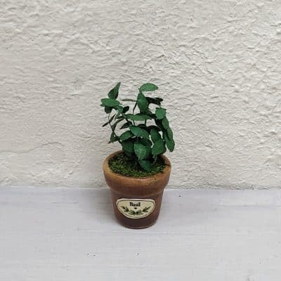 DIY zelfmaakpakket basilicumplant in terracotta pot met Nederlandse en Engelse etiketten, schaal 1:12
